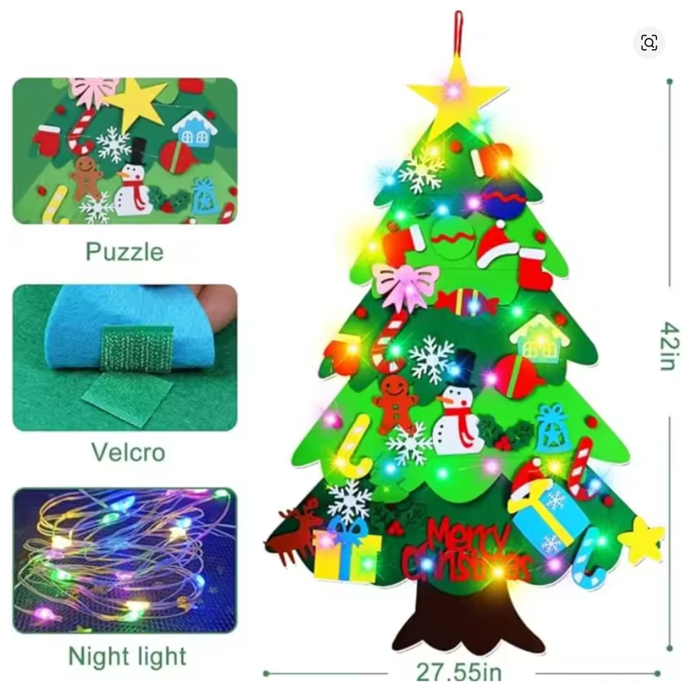 42 inch felt Christmas tree, toddler Christmas wall tree, felt tree with lights, Velcro Christmas ornaments, educational holiday activity, Christmas fine motor toy